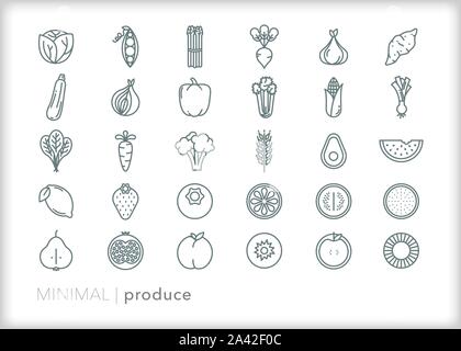 Set of 30 produce line icons of fruit and vegetables from the farmers market or grocery Stock Vector
