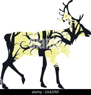 Silhouette of a deer with forest inside on white background. Stock Vector