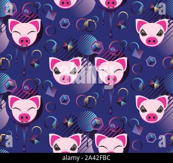 Decorative pattern design with cute pig, abstract background. Stock Vector