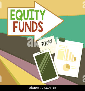 Handwriting text writing Equity Funds. Conceptual photo type of mutual fund that buys ownership in businesses Layout Smartphone Off Sticky Notes Clipb Stock Photo