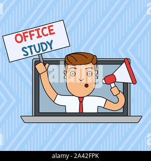 Word writing text Office Study. Business photo showcasing any location or venue where a demonstrating s is work is performed Man Speaking Through Lapt Stock Photo
