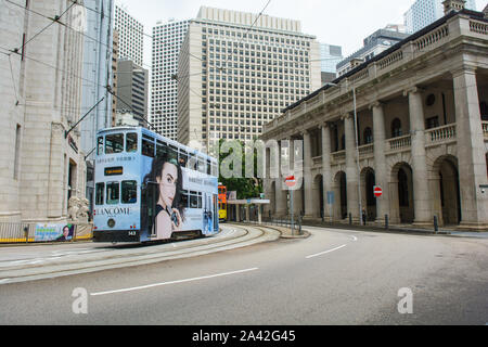 Tram passed by in Causeway Bay road, Hong Kong SAR Stock Photo