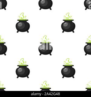 Seamless pattern with witches black steel cauldron with boiling green magic potion on white background. Decorative texture for Halloween. Vector illus Stock Vector