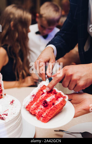 Big Beautiful Red Velvet Cake, With Flowers And Berries On Top. Slice 