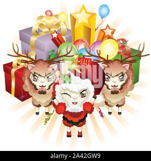 Sheep in Santa suit and sheep in deer suit with gift boxes. Stock Vector