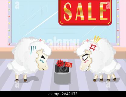 Two angry sheeps in the department store, shopping, sale. Stock Vector