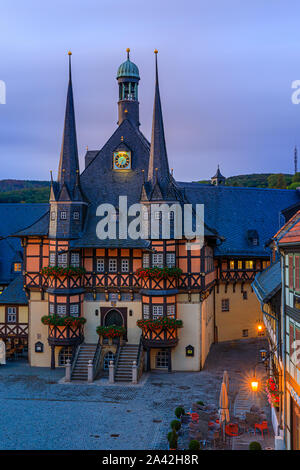 The famous Town Hall in Wernigerode at sunrise. Wernigerode is a town in the district of Harz, Saxony-Anhalt, Germany.  Wernigerode is located southwe Stock Photo