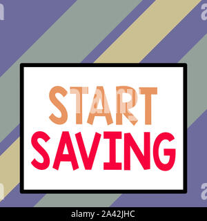 Text sign showing Start Saving. Business photo text money that a demonstrating keeps in an account in a bank or like Front close up view big blank rec Stock Photo