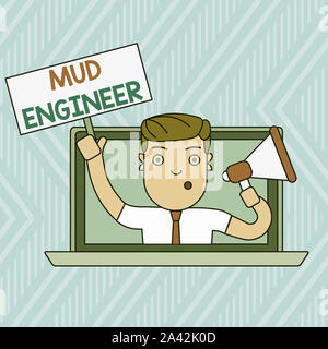 Word writing text Mud Engineer. Business photo showcasing liable for making mixture of fluids used in drilling process Man Speaking Through Laptop Scr Stock Photo