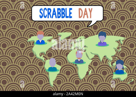 Conceptual hand writing showing Scrabble Day. Concept meaning a day to celebrate the popular board game created in 1938 Connection multiethnic persons Stock Photo