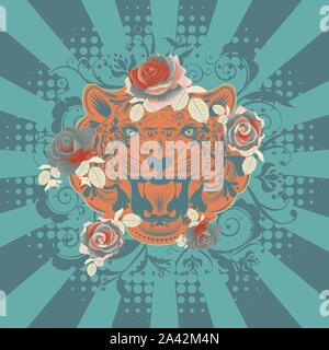 Stylized ornamental portrait of a roaring tiger with floral. Stock Vector