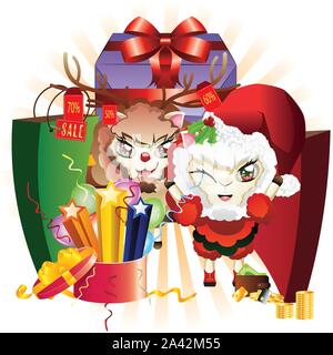 Sheep in Santa suit and sheep in deer suit with gift boxes. Stock Vector