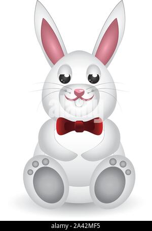 Cartoon illustration of cute white bunny with red bow. Stock Vector