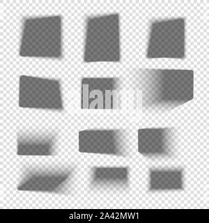 Box shadow set. Square realistic shadows with soft edges. Drop shade on floor. Vector transparent mockup. Stock Vector