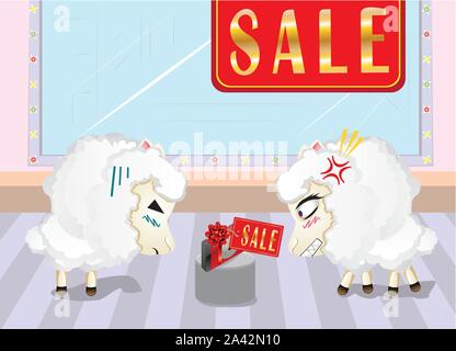 Two angry sheeps in the department store, shopping, sale. Stock Vector