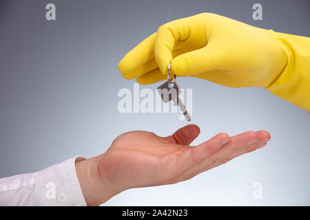 Close-up Of A Cleaner Wearing Yellow Gloves Handing Key On Businessman's Hand Against Gray Background Stock Photo