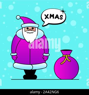 Cute cartoon violet kawaii Santa Claus character for Christmas and Happy New year celebration poster. Gift bag and snow sweet greeting card. Vector xmas on speech bubble inspiration eps illustration Stock Vector