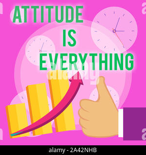 Writing note showing Attitude Is Everything. Business concept for Positive Outlook is the Guide to a Good Life Thumb Up Good Performance Success Escal Stock Photo