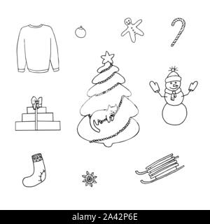Winter set of elements - christmas tree, snowman, sleigh, sock, presents, gignerbread man, sweater, sweet cane, snow flake. Black outline on white background. Picture can be used in christmas and new year greeting cards, posters, flyers, banners, logo etc. Vector illustration. EPS10 Stock Vector