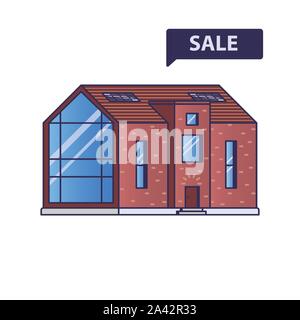Modern house with a large panoramic window with sign Sale on a white background drawn in flat style Stock Vector