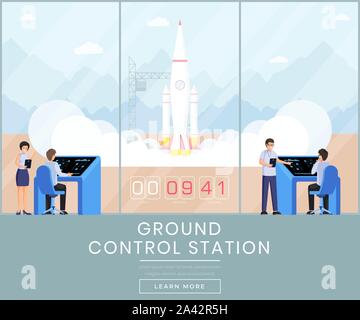Ground control station web banner template. Rocket science, space exploration program website landing page UI layout. Shuttle launch, startup webpage, homepage vector concept with text space Stock Vector
