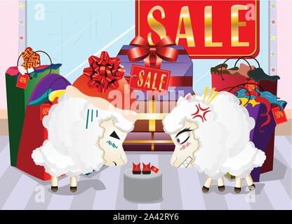 Two angry sheeps in the department store, shopping, sale. Stock Vector