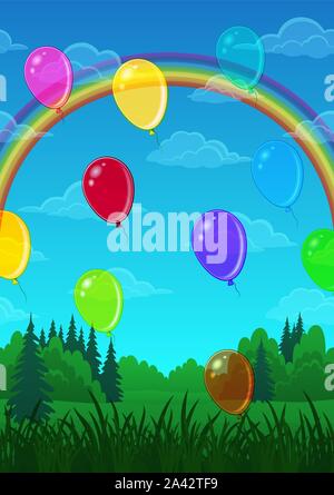 Landscape, Balloons Over Forest Stock Vector
