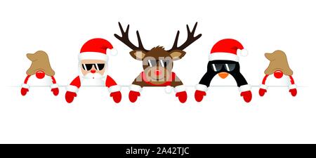 cute santa reindeer penguin and gnomes with sunglasses christmas banner vector illustration EPS10 Stock Vector