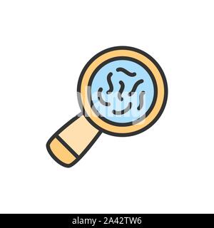 Vector bacteria under magnifying glass flat color line icon. Stock Vector