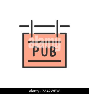 Vector pub signboard flat color line icon. Stock Vector