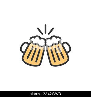 Vector toasting beer glasses, cheers flat color line icon. Stock Vector