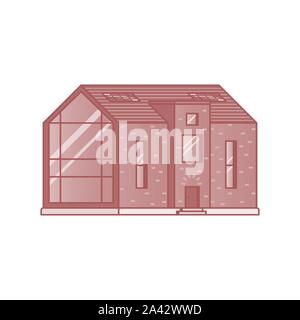 Modern house with a large panoramic window painted in shades of red on a white background drawn in flat style Stock Vector