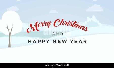 Merry Christmas vector banner template. Elegant December holidays calligraphy inscription on winter landscape. Happy New Year greeting card, postcard design layout with snowy valley background Stock Vector