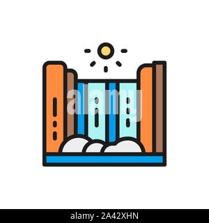 Waterfall with mountain landscape flat color line icon. Stock Vector