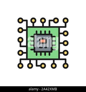 CPU microprocessor, computer chip flat color line icon. Stock Vector