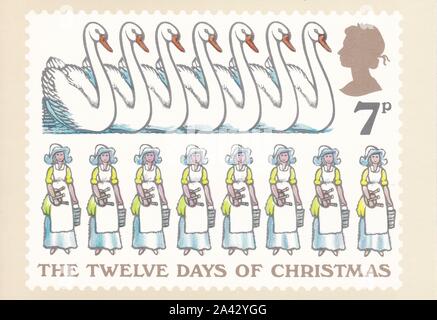 Colour Royal Mail postcard of 7p stamp Seven Swans a-Swimming, Eight Maids a-Milking - The Twelve Days of Christmas. Stock Photo