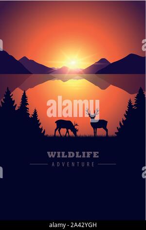 elk in the wilderness wildlife adventure by the lake at sunset vector illustration EPS10 Stock Vector
