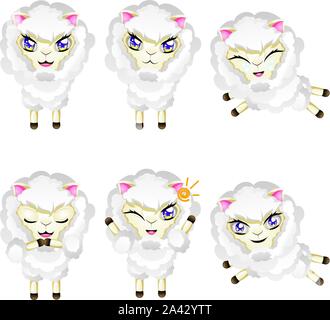 Set of cute sheep, chibi style, in different expressions. Stock Vector