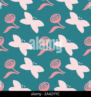 seamless vector pattern with simple butterflies and roses on a teal background Stock Vector