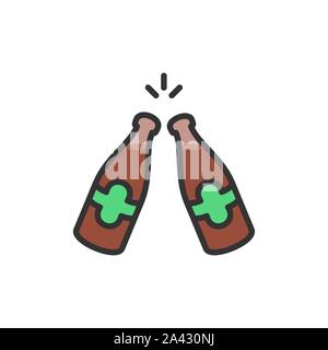 Vector toasting beer bottles, cheers flat color line icon. Stock Vector