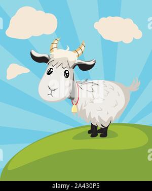 Cute cartoon goat on green lawn illustration. Stock Vector