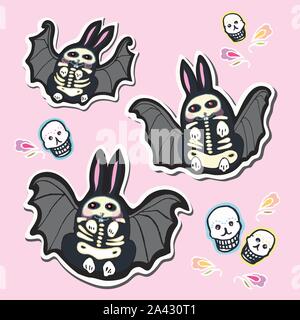 Seamless vector day of the dead kawaii character set with hand drawn bat bunny, shugar scull and florals. Funny and happy design for your perfect party. Stock Vector