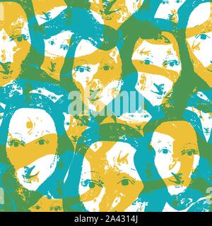 Aqua and saffron color screenprint style abstract design with women faces. Seamless vector pattern on white background. Great for fashion, wellbeing Stock Vector
