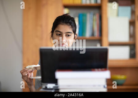 stundent yong woman learning in armchair and eating Stock Photo