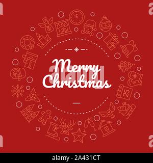 Merry christmas social media banner with linear icons template Stock Vector