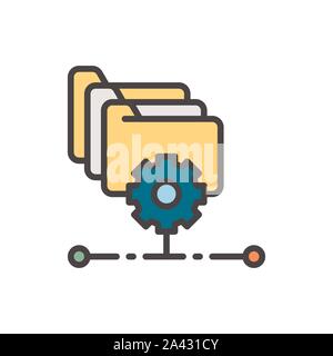 Folders with gear, project management, file setting flat color line icon. Stock Vector
