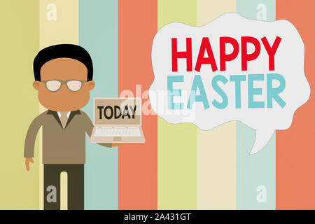 Text sign showing Happy Easter. Business photo showcasing the Christian celebration of the Resurrection of Christ Standing man in suit wearing eyeglas Stock Photo