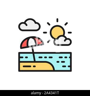 Beach umbrella in sand landscape flat color line icon. Stock Vector