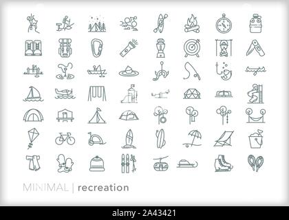 Set of 50+ recreation line icons for travel, holiday, exploring, camping and enjoying the outdoors Stock Vector