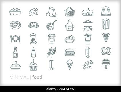 Set of 30 food line icons for meals, snacks, home cooking and restaurants Stock Vector